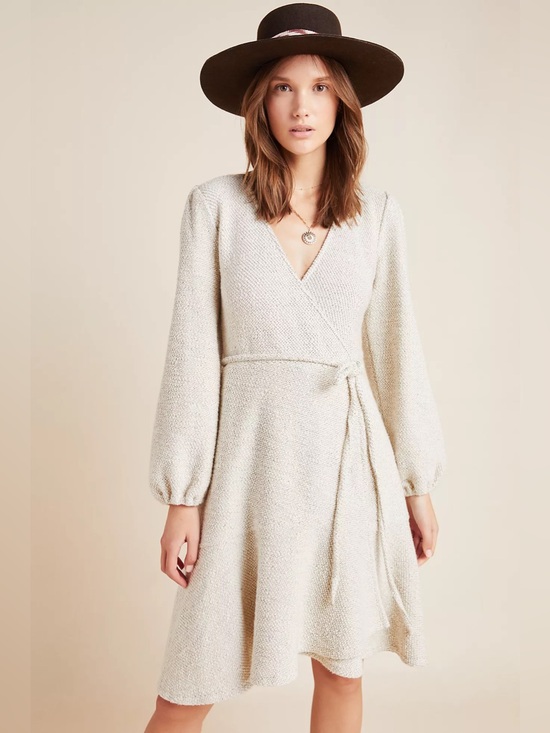 Anthropologie Dresses & Skirts - Anthropologie Diana Knit Textured Cream Wrap Dress with Tie Waist - Size M